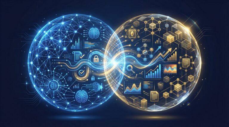 Abstract visualization of AI tokenization convergence with neural networks processing blockchain data.