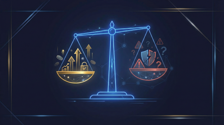 Digital token balancing on a scale representing the benefits of tokenization against regulatory and technical risks