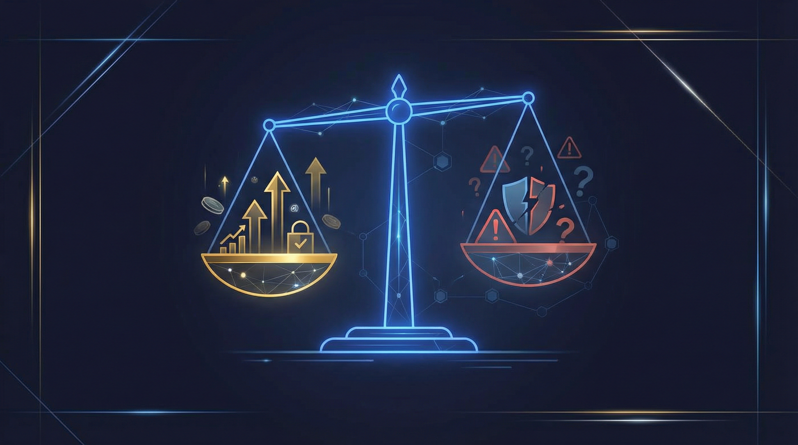 Digital token balancing on a scale representing the benefits of tokenization against regulatory and technical risks