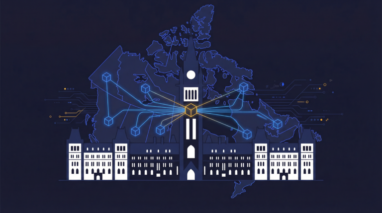 Canadian flag and digital network representing Canada CSA tokenization regulation and provincial securities compliance.