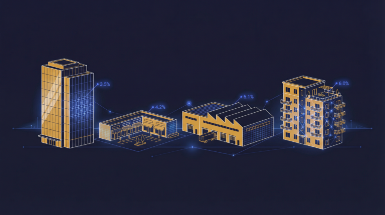 Digital tokens hovering over a modern commercial office building representing commercial real estate tokenization