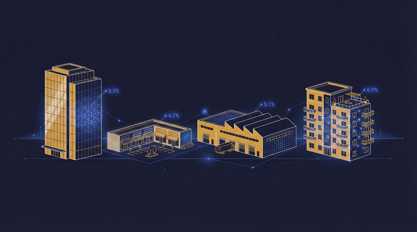 Digital tokens hovering over a modern commercial office building representing commercial real estate tokenization