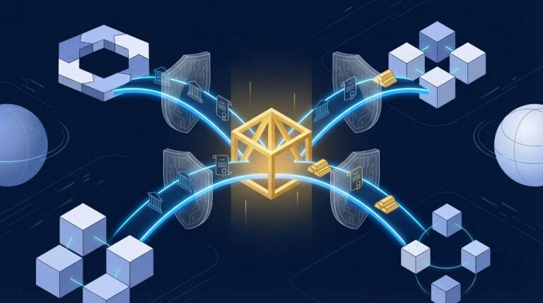 Diagram showing cross-chain interoperability tokenized assets moving between blockchain networks.