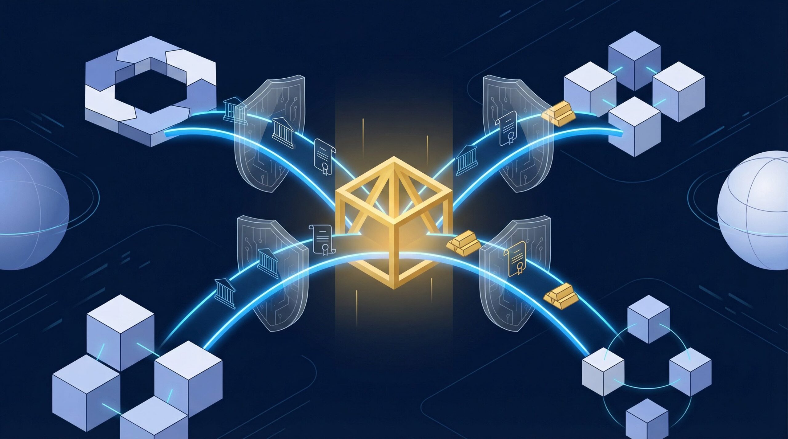 Diagram showing cross-chain interoperability tokenized assets moving between blockchain networks.
