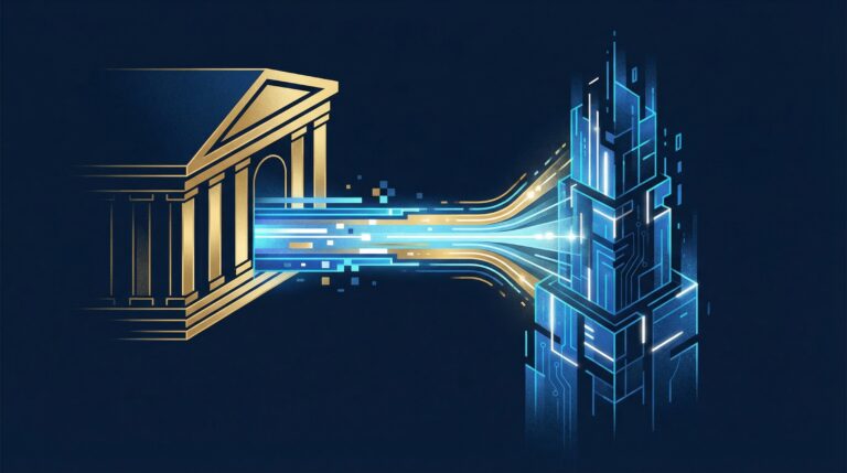 Abstract digital bridge showing DeFi TradFi convergence through tokenization with institutional assets on blockchain