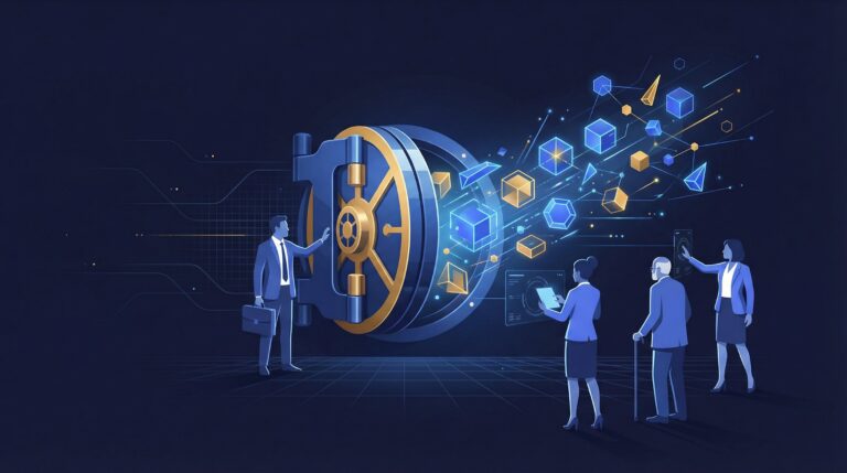 Conceptual visualization of private equity tokenization democratization unlocking alternative investments for retail investors via blockchain