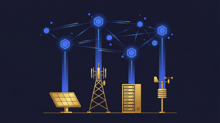 DePIN tokenization physical infrastructure network nodes connecting across a digital global map.