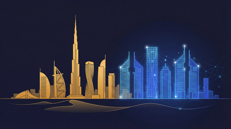 Dubai skyline with digital network overlay representing Dubai real estate tokenization and blockchain property investment.