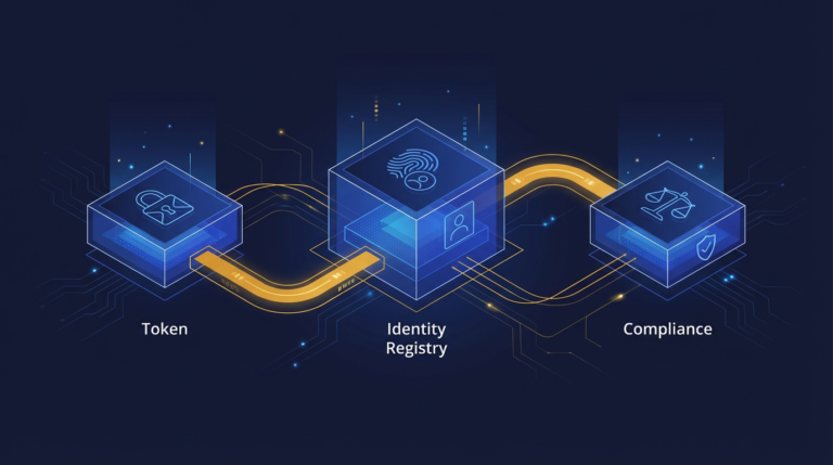Technical diagram explaining the ERC-3643 security token standard architecture and smart contract compliance flow