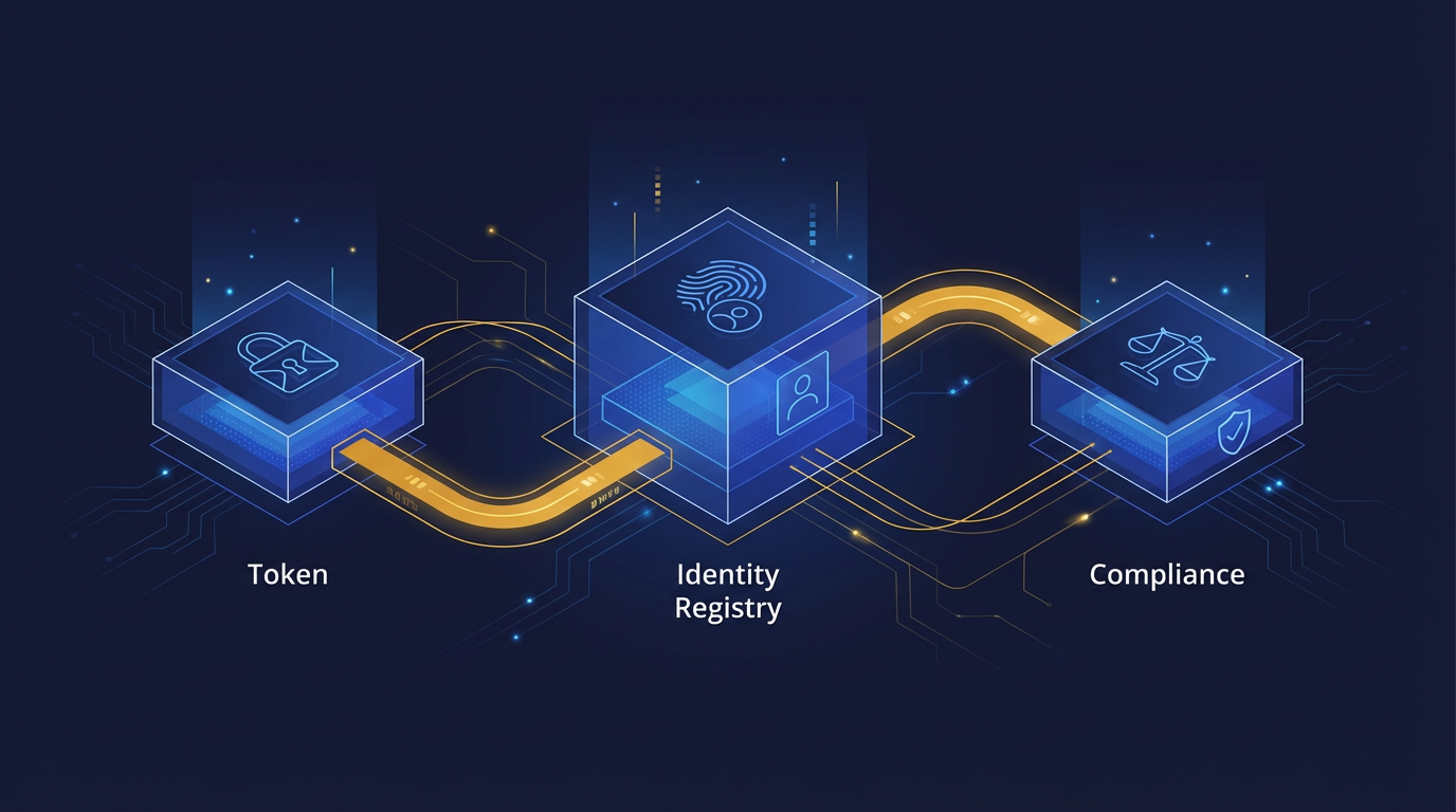 Technical diagram explaining the ERC-3643 security token standard architecture and smart contract compliance flow