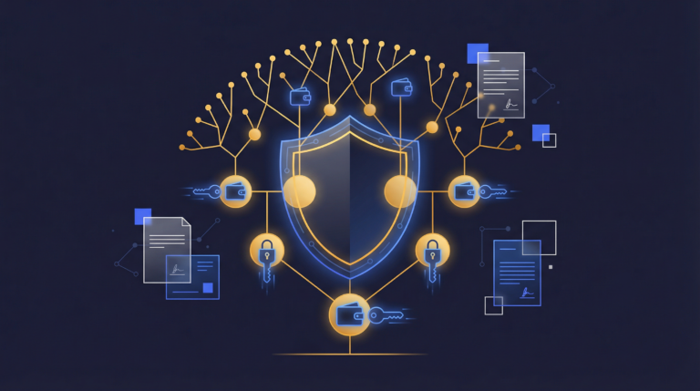 Hardware wallet and legal trust documents representing estate planning tokenized securities and digital asset inheritance