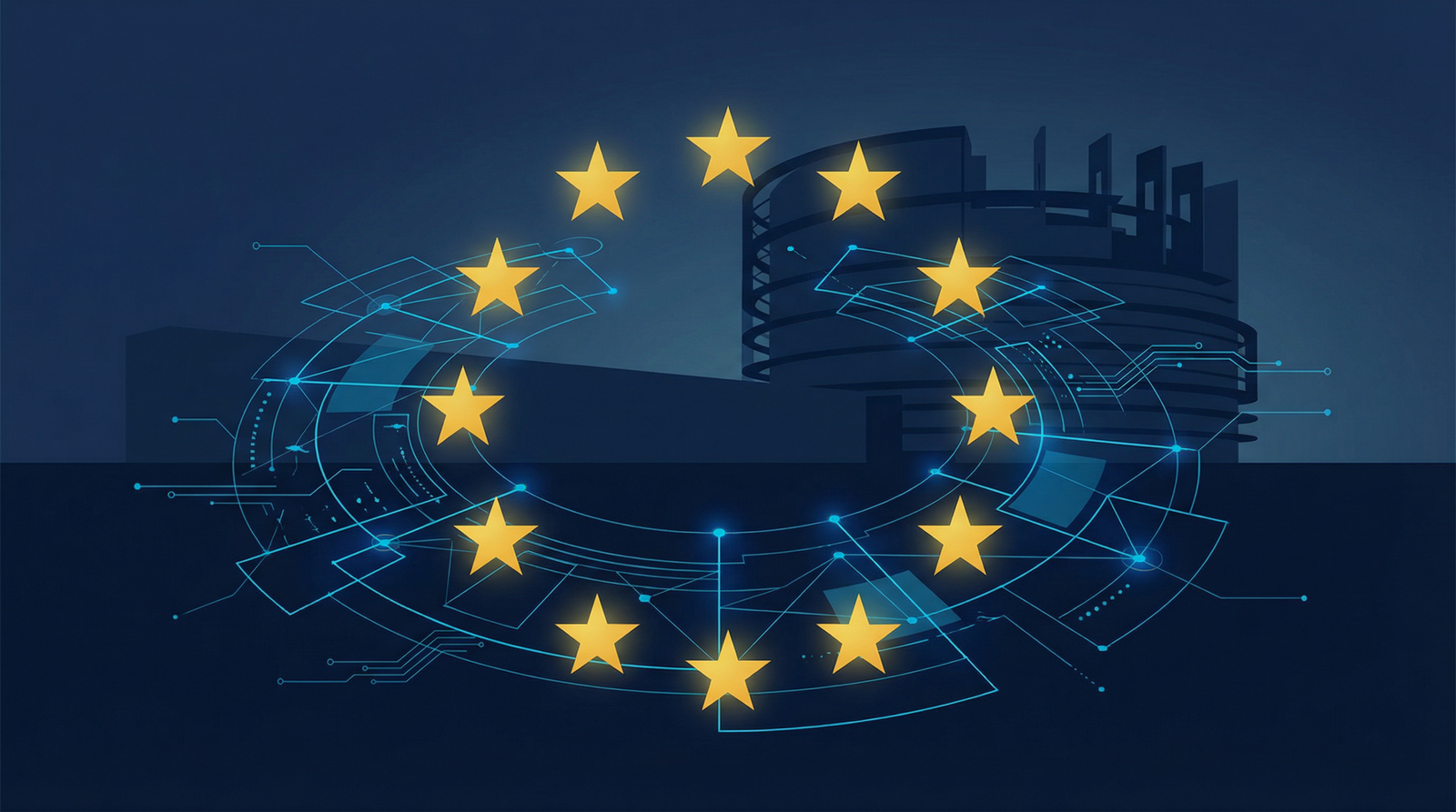 European Union flag with digital network nodes illustrating MiCA tokenization compliance 2026 regulations