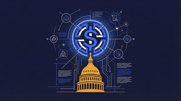 US Capitol building with digital dollar stablecoin regulation tokenization graphics