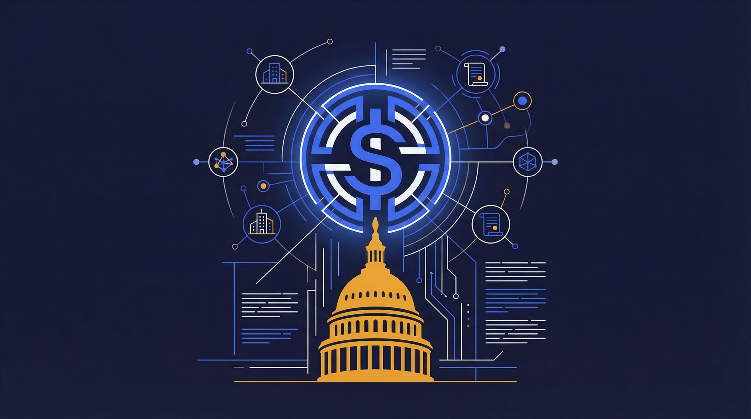 US Capitol building with digital dollar stablecoin regulation tokenization graphics