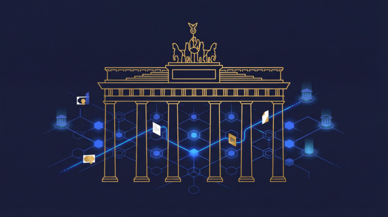 BaFin headquarters with digital network representing Germany eWpG tokenization regulation and electronic securities