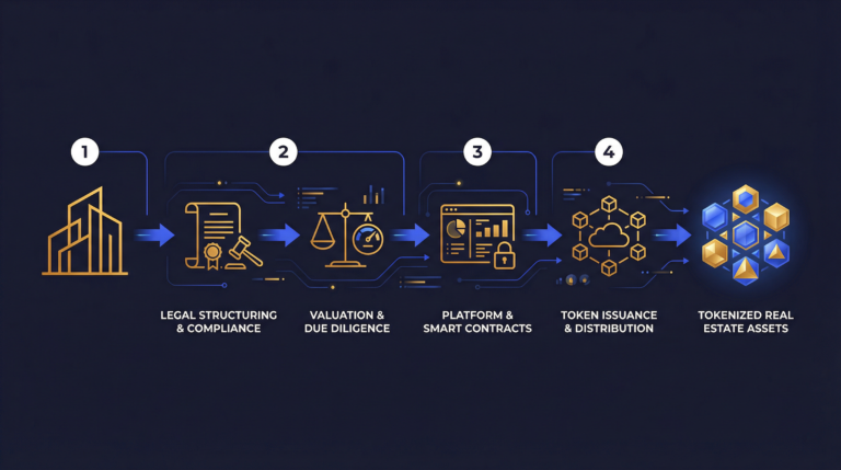 A step-by-step flowchart showing how to tokenize property from legal SPV creation to digital investor distribution