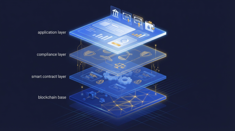 Technical diagram showing how tokenization works blockchain layers and smart contract execution