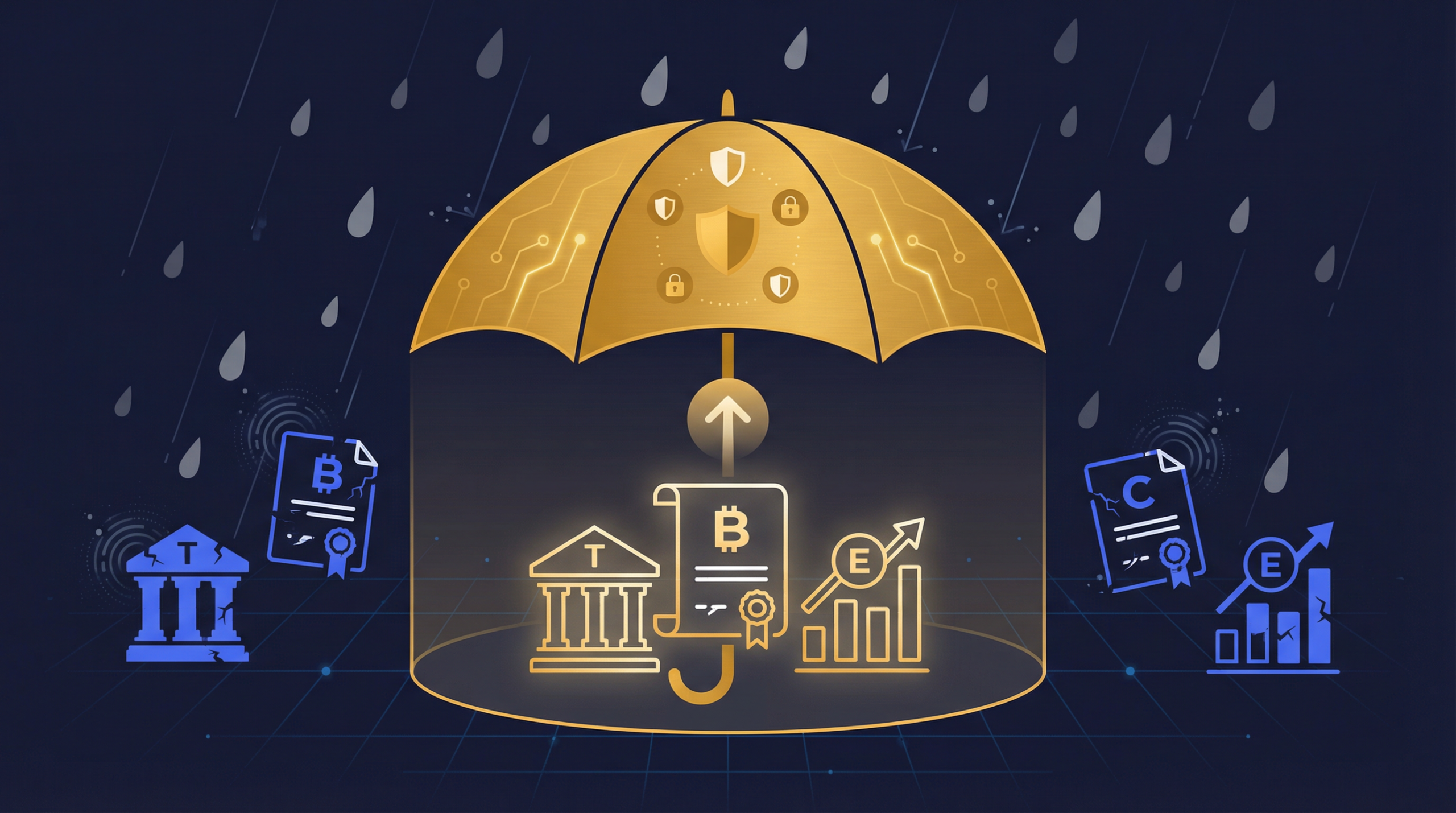 Conceptual illustration of insurance for tokenized investment portfolios protecting digital assets on the blockchain.