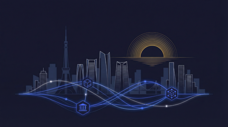 Abstract digital network over Tokyo skyline illustrating Japan JFSA tokenization regulation and digital securities.