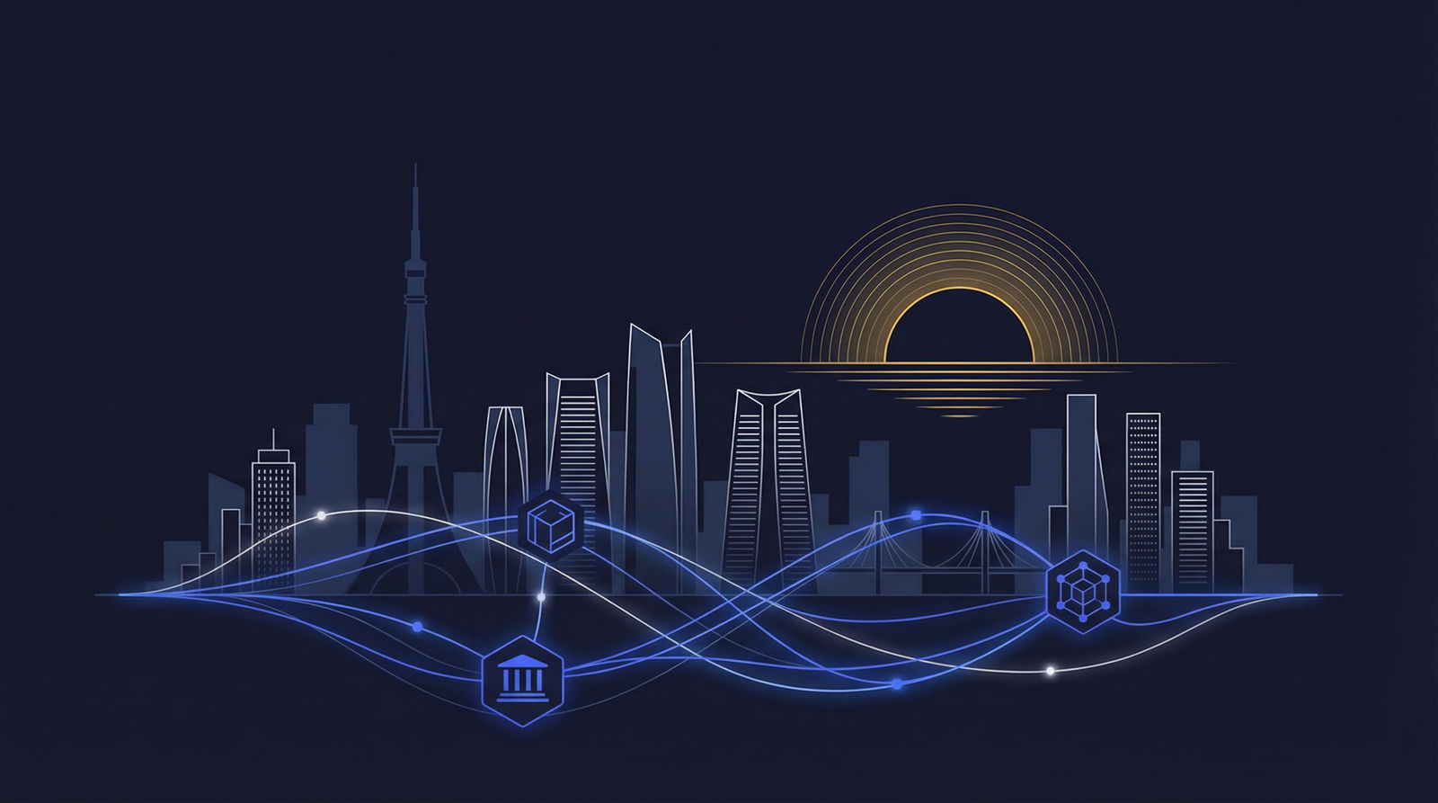 Abstract digital network over Tokyo skyline illustrating Japan JFSA tokenization regulation and digital securities.