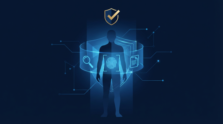 Digital identity verification process showing KYC AML tokenized assets compliance on a blockchain network