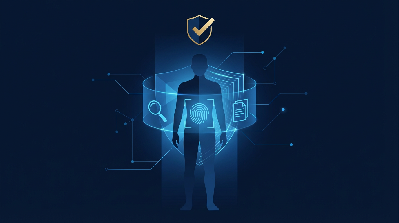 Digital identity verification process showing KYC AML tokenized assets compliance on a blockchain network