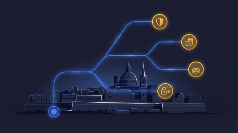 Malta MFSA tokenization regulation concept showing financial district and digital asset compliance charts