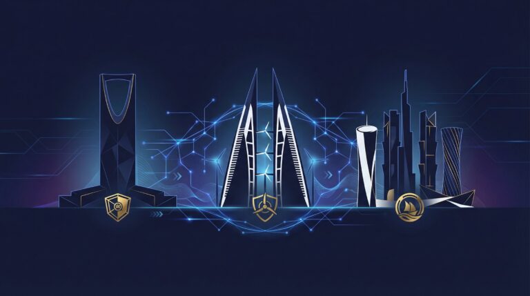 Financial district skylines representing Middle East tokenization Saudi Arabia Bahrain Qatar digital assets.