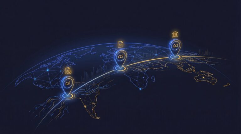 Global map highlighting tokenization regulation roundup Q3 2026 changes across the Americas, Europe, and Asia.