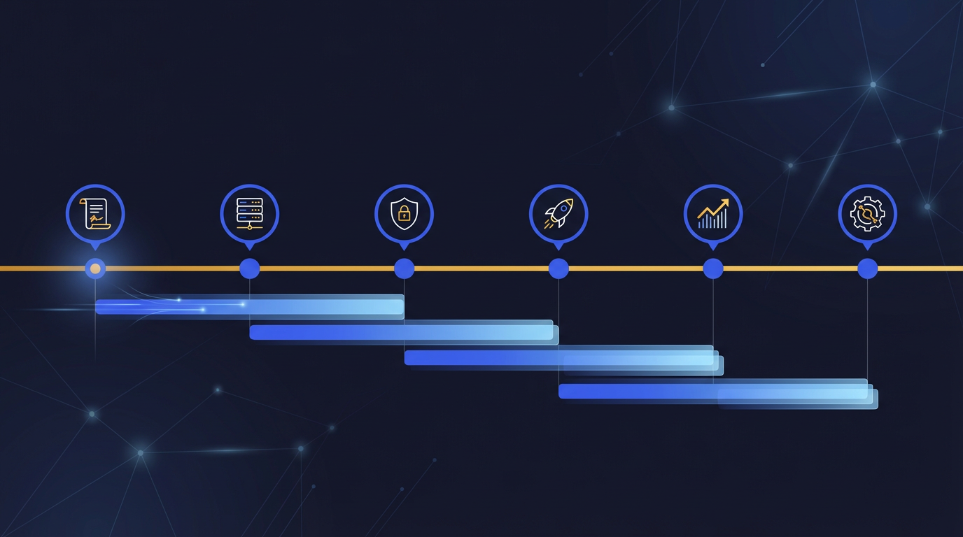 Gantt chart timeline showing the six phases of an STO for startups