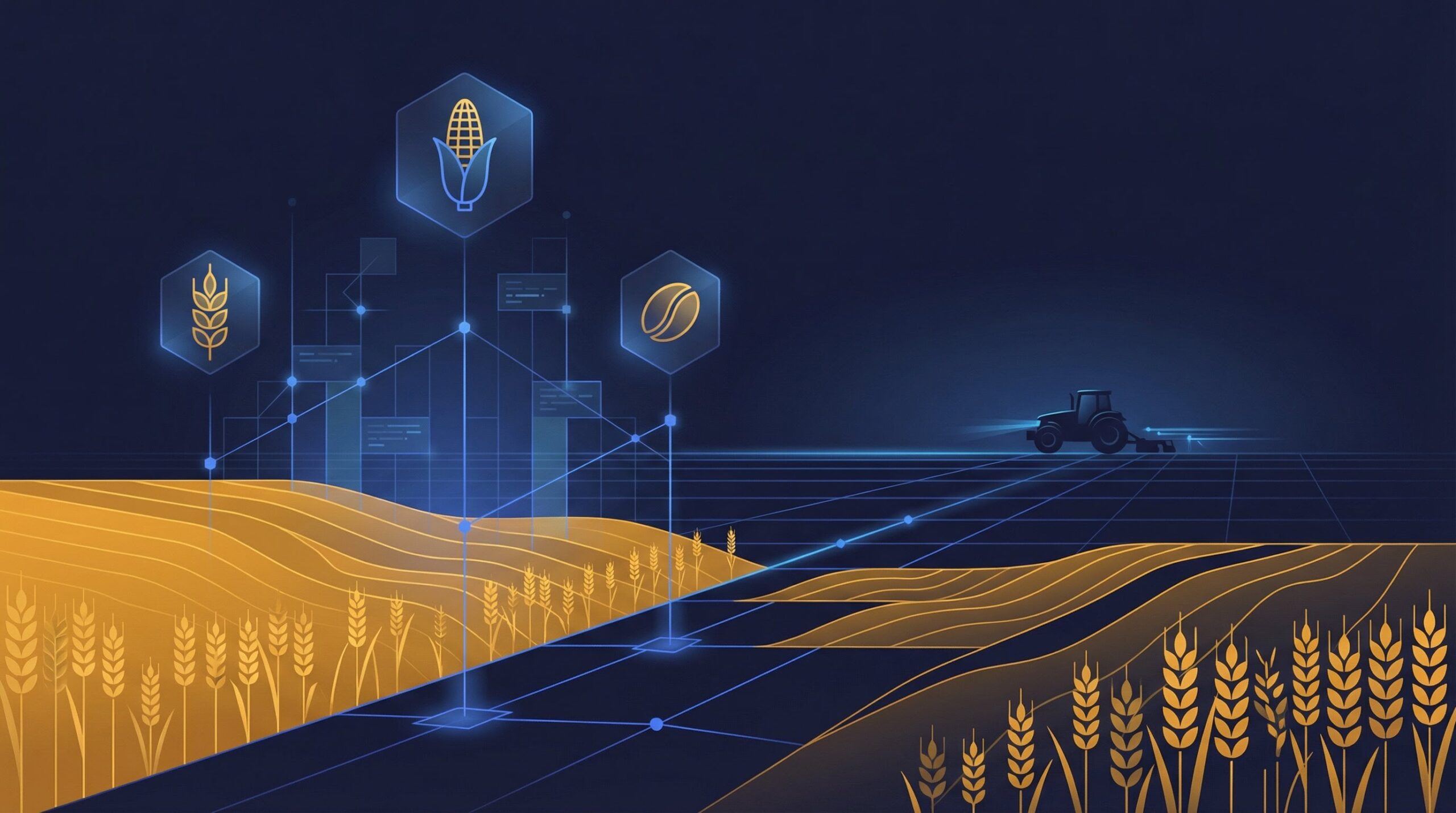 Digital tokens hovering over a vast wheat field representing tokenized agricultural commodities farmland.