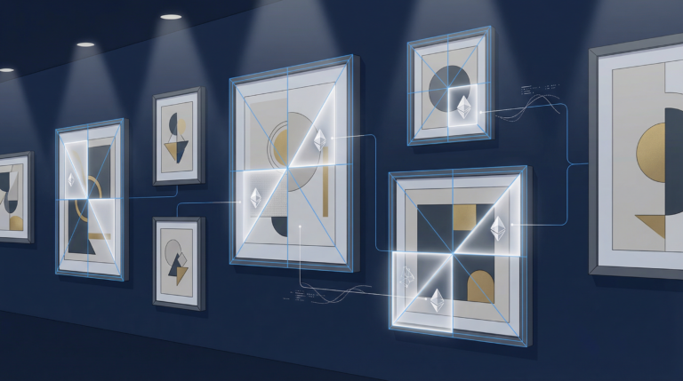 Physical blue-chip painting divided into digital fractional shares representing tokenized art investment.