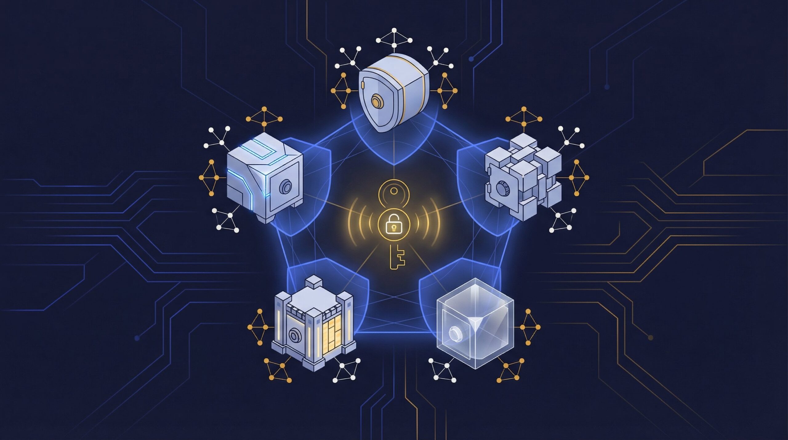 Institutional tokenized asset custodian comparison chart showing digital security vaults