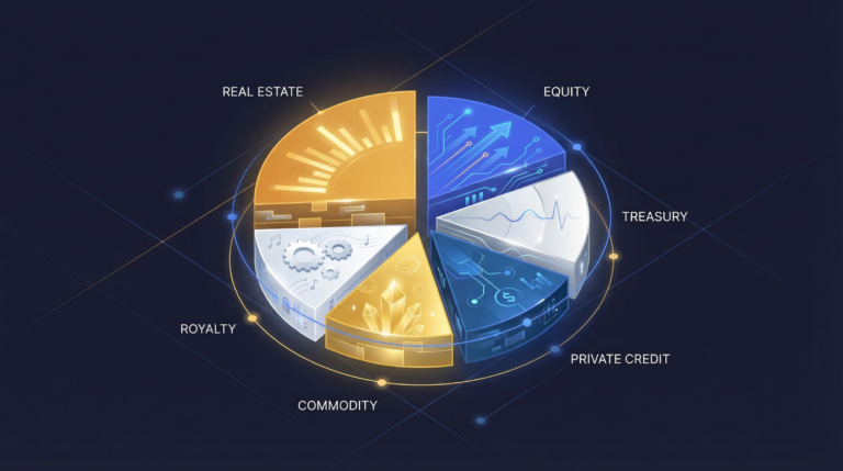 Investor analyzing a diversified tokenized asset portfolio with charts showing multi-asset allocation