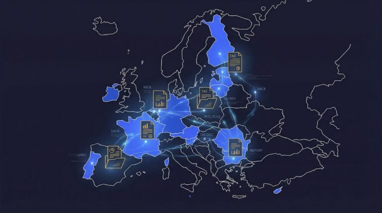 European Union flag alongside digital token icons representing tokenized assets tax Europe regulations