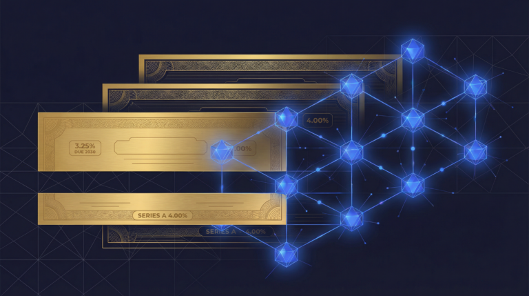 Institutional investor analyzing tokenized bonds and digital fixed income data on a secure trading terminal.