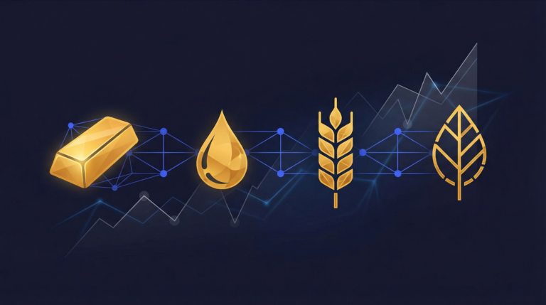 Physical gold bars and digital tokenized commodities representing blockchain agricultural and energy assets