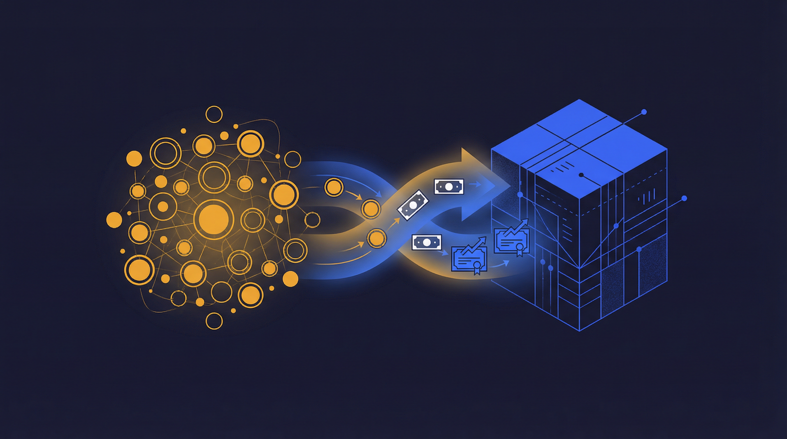 Business executives analyzing tokenized equity mergers acquisitions on a digital dashboard.