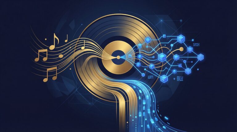 Digital token representing tokenized music royalties investing next to streaming platform analytics