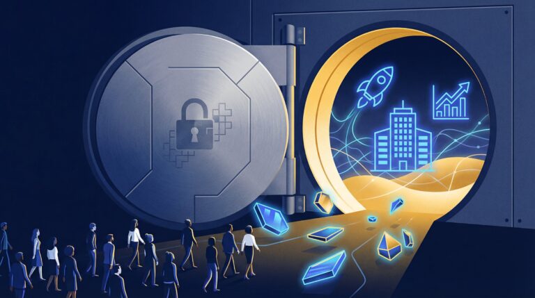 Digital lock opening to reveal tokenized private equity investment data and venture capital charts