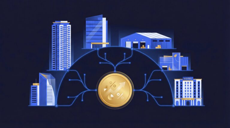Digital dashboard displaying a diversified tokenized real estate portfolio across multiple global property markets