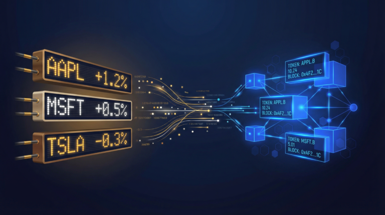 Digital representation of tokenized stocks trading on a blockchain network with financial data charts