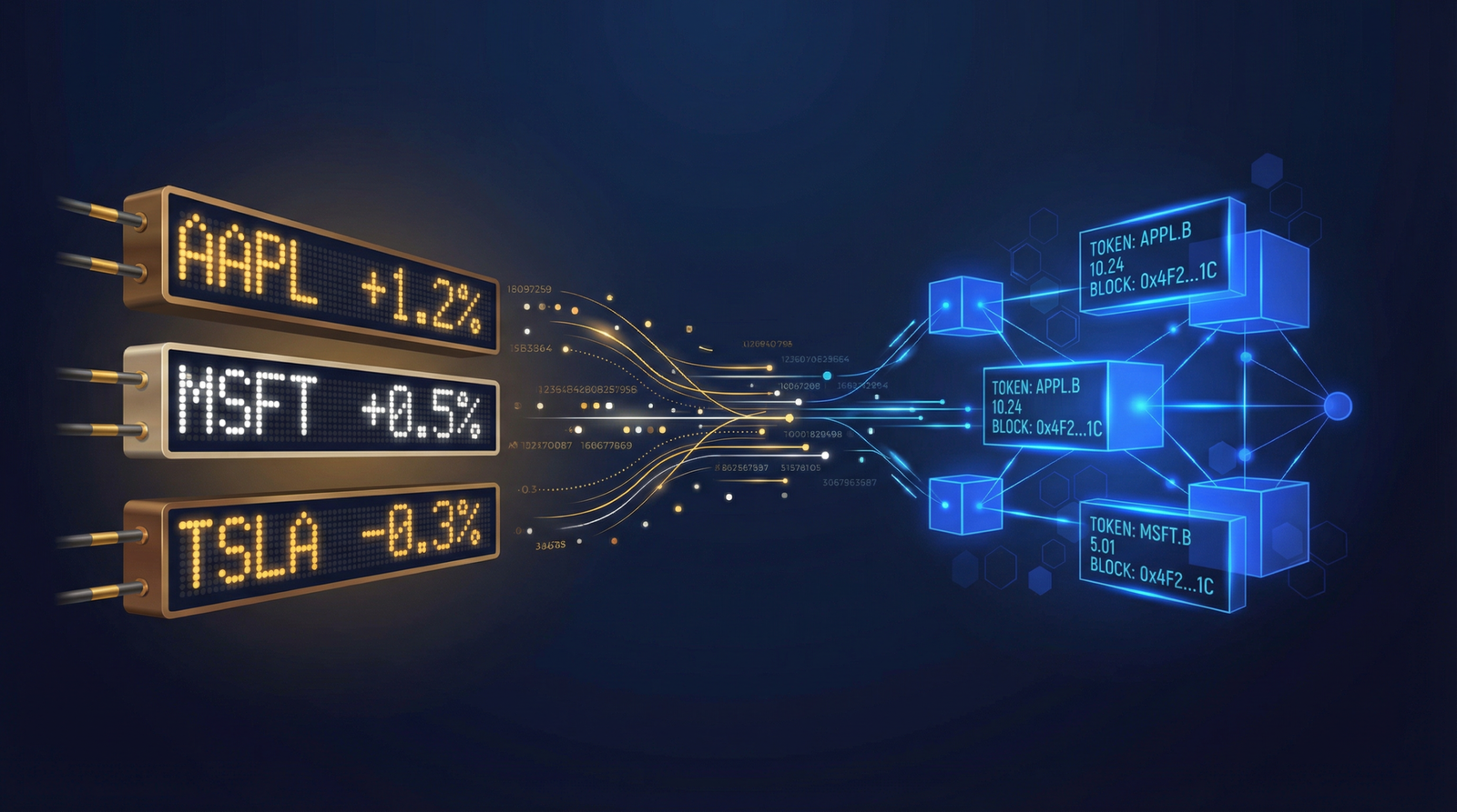 Digital representation of tokenized stocks trading on a blockchain network with financial data charts