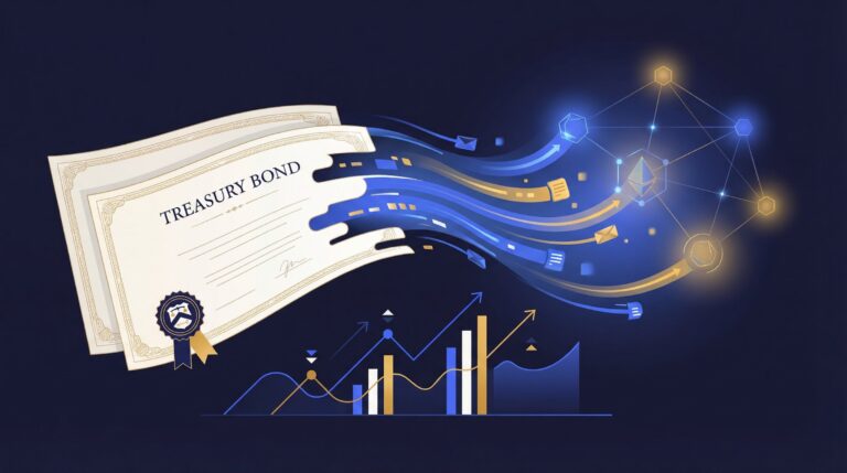 Chart showing tokenized treasuries update Q2 2026 with AUM growth for BUIDL and BENJI funds.