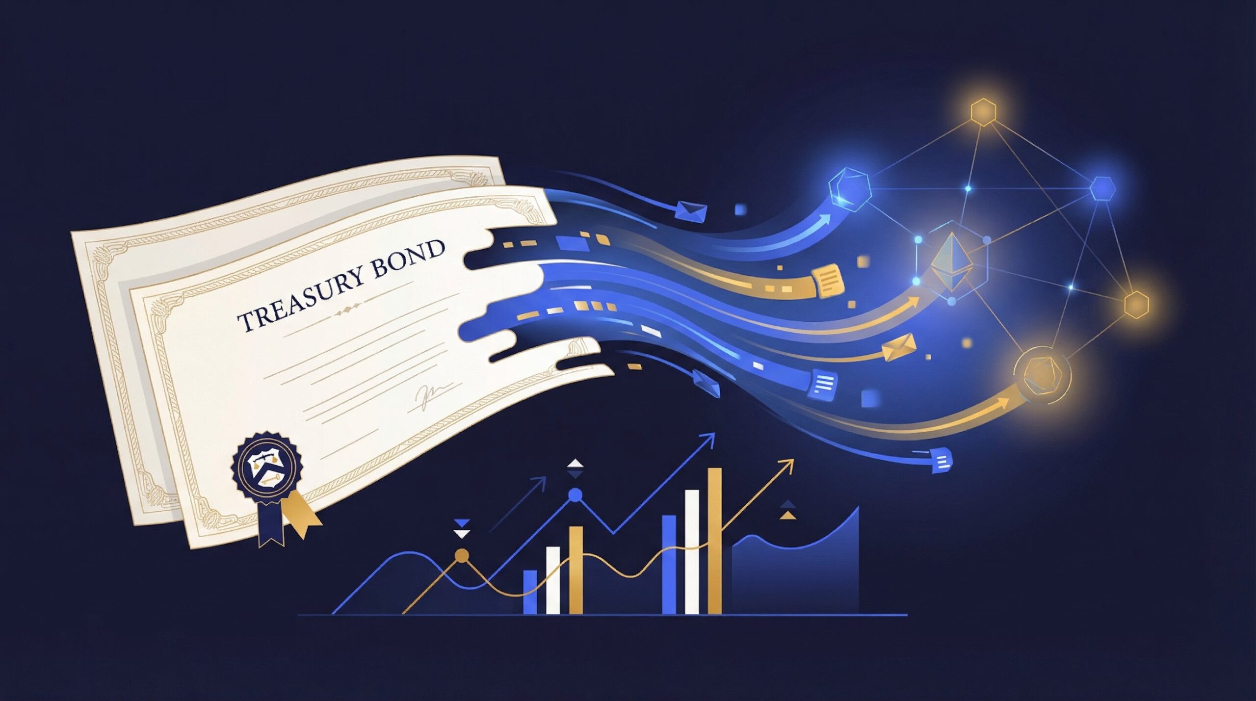Chart showing tokenized treasuries update Q2 2026 with AUM growth for BUIDL and BENJI funds.