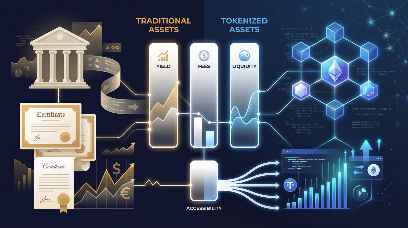 Comparison chart showing tokenized vs traditional assets performance, fees, and liquidity differences for modern investors