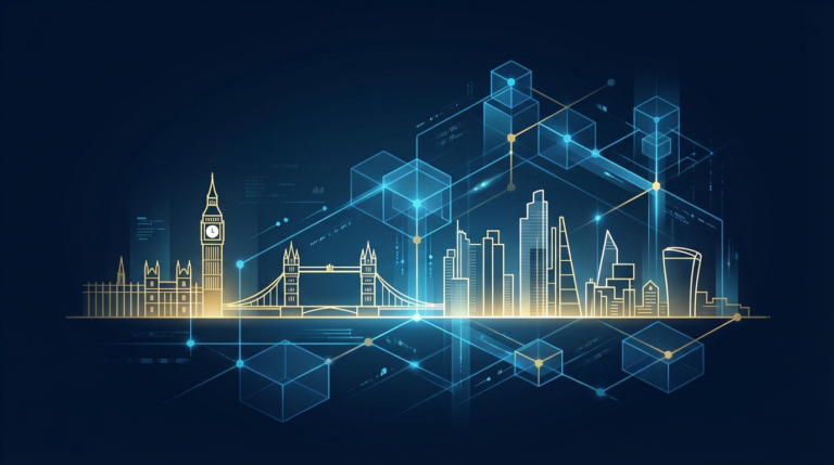 Abstract representation of UK FCA tokenization regulation showing digital securities integrated with traditional British financial infrastructure.
